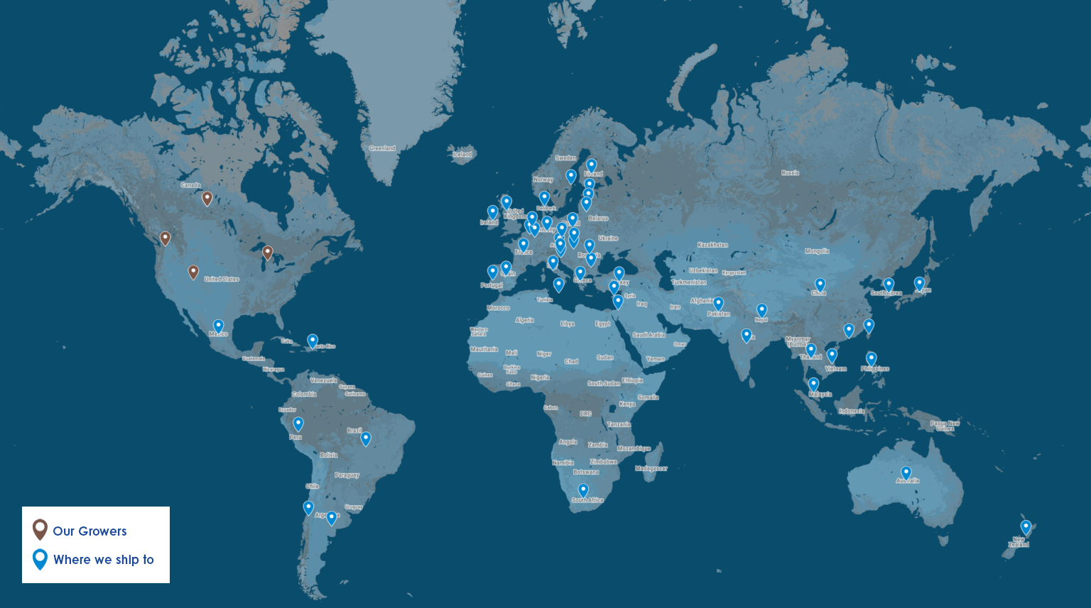 Map of the world with location pins indicating growers and shipping destinations.